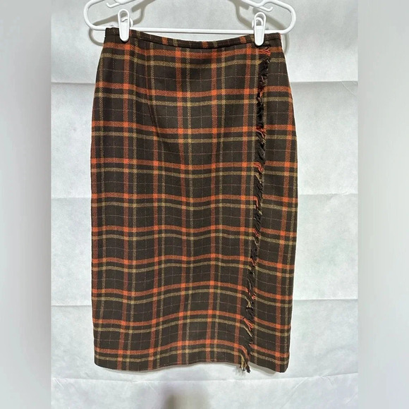 Vintage Michele Plaid Wool Midi Fall Academia 90s Y2K Skirt Fringe Womens Size 8 - Picture 1 of 5
